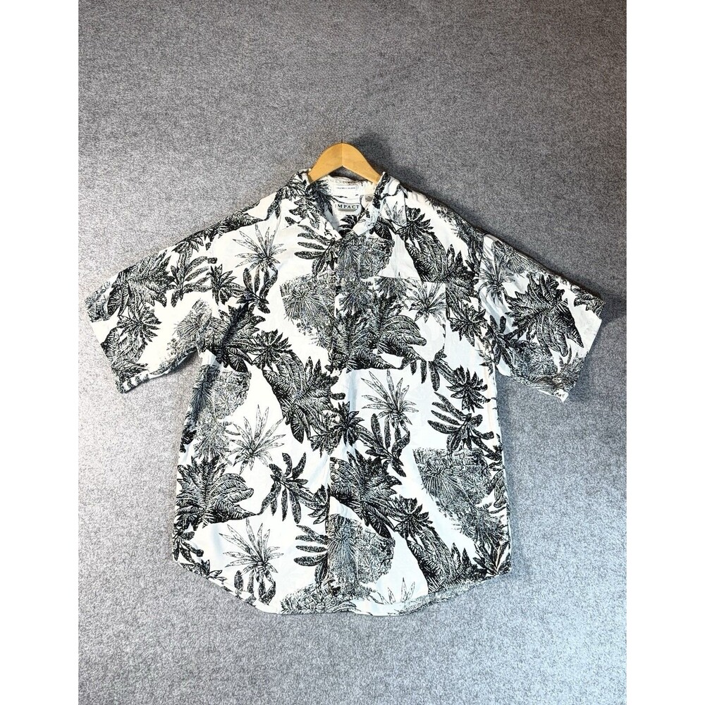 Impact XL Hawaiian Shirt 100% Rayon Leaf Print Short Sleeve Black White